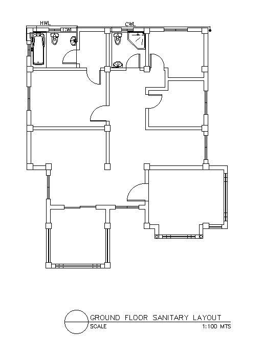 Autocad Dwg Drawing Having The Details Of The Ground Floor Sanitary Layout Section Is Provided