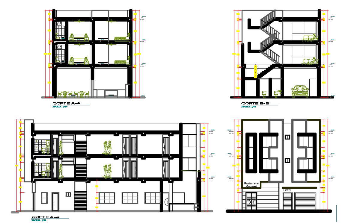 AutoCAD Hotel Building Sectional Elevation Design Download DWG File Cadbull