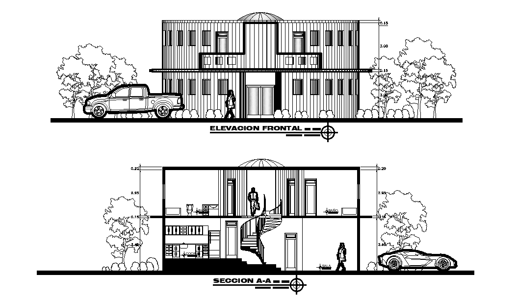 AutoCAD House Front Elevation And Section Drawing DWG File - Cadbull