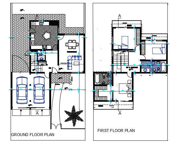 Autocad House Gournd Floor And First Floor Plan 3 Bhk Drawing Dwg File Cadbull