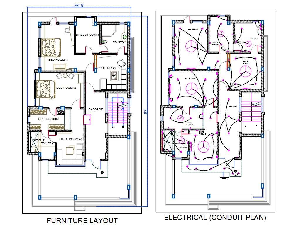 Autocad House Interior Furniture And Electrical Layout Plan Dwg File Cadbull