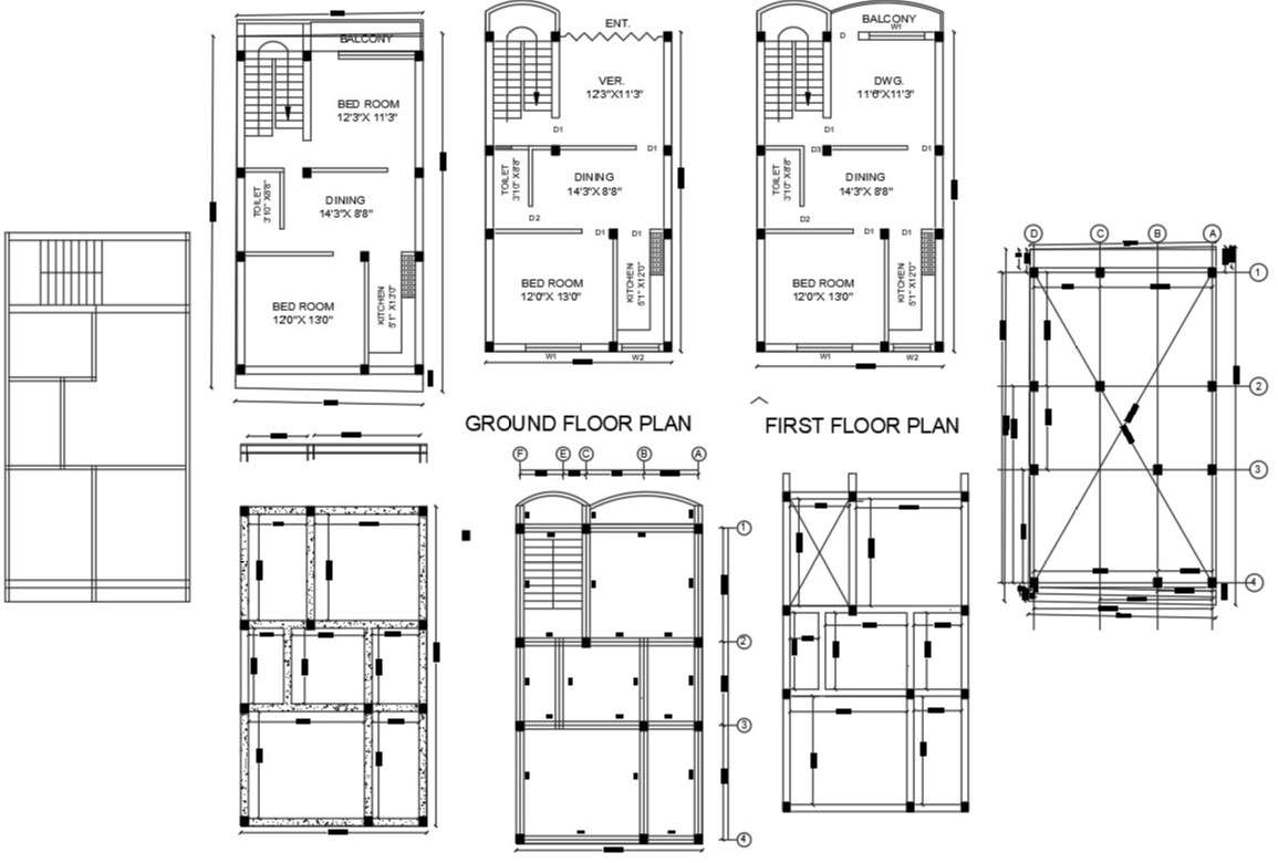 AutoCAD House With Column Center Line Plan - Cadbull