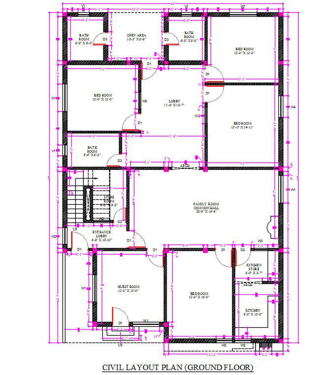 Autocad Drawing Of Residence Ground Floor Cadbull