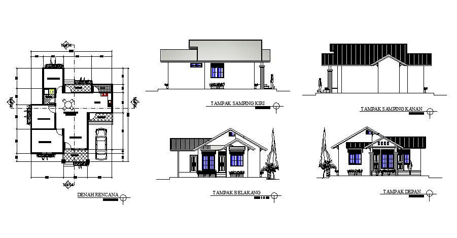 Autocad drawing of house 10.00mtr x 11.50mtr with different elevation ...