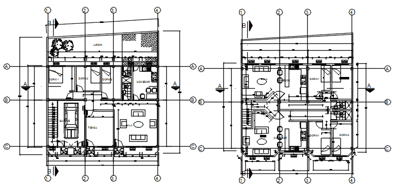 Autocad drawing of house 12.32mtr x 12.89mtr with furniture details in ...