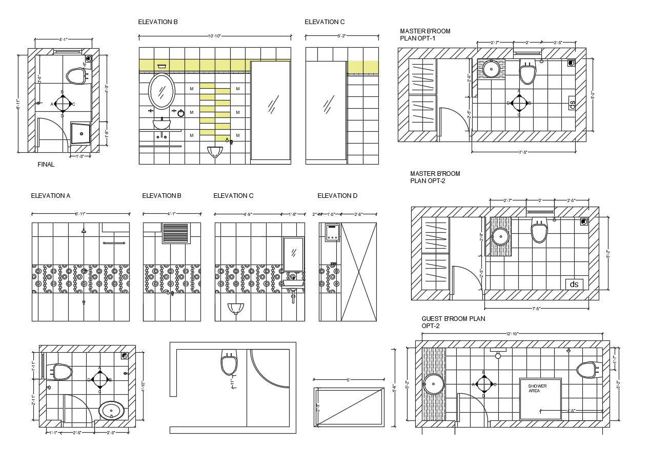 Autocad drawing of master bedroom bathroom with elevations - Cadbull