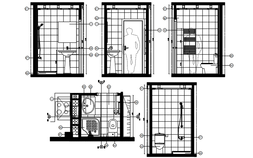 Autocad drawing of toilet layout with elevations - Cadbull