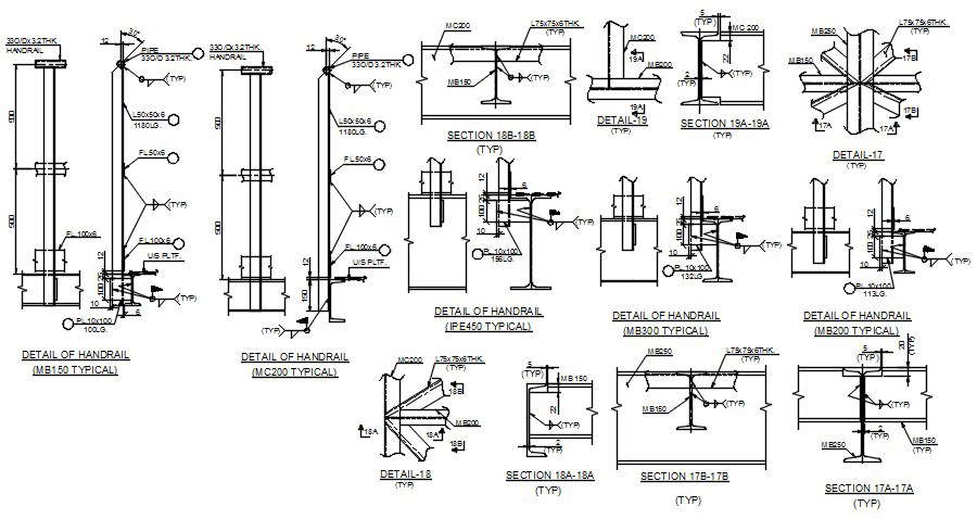 Autocad 2D DWG drawing file has the details of handrails and sections ...