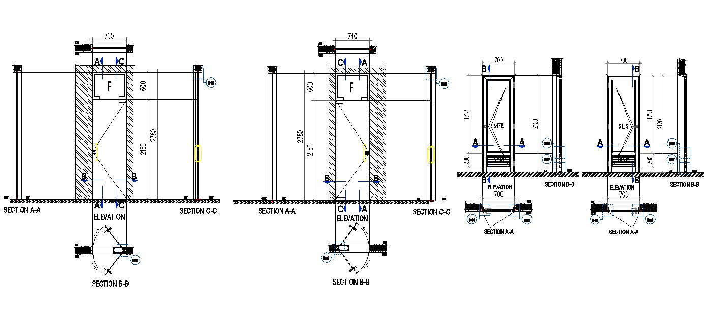 Autocad DWG file Showing the Details of the elevation and sectional ...