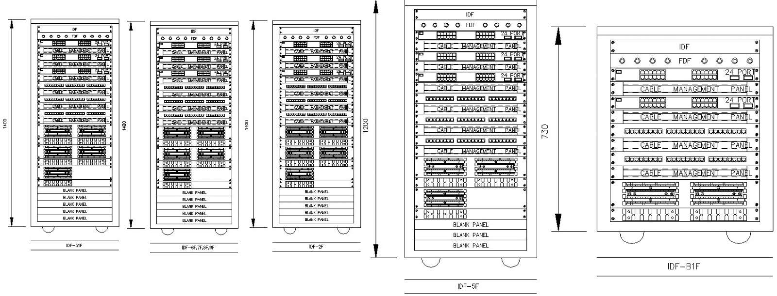 Autocad DWG file showing the details of the IDF rack detailed diagram