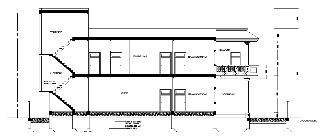 Back side section view of 12x8m villa building is given in this AutoCAD ...