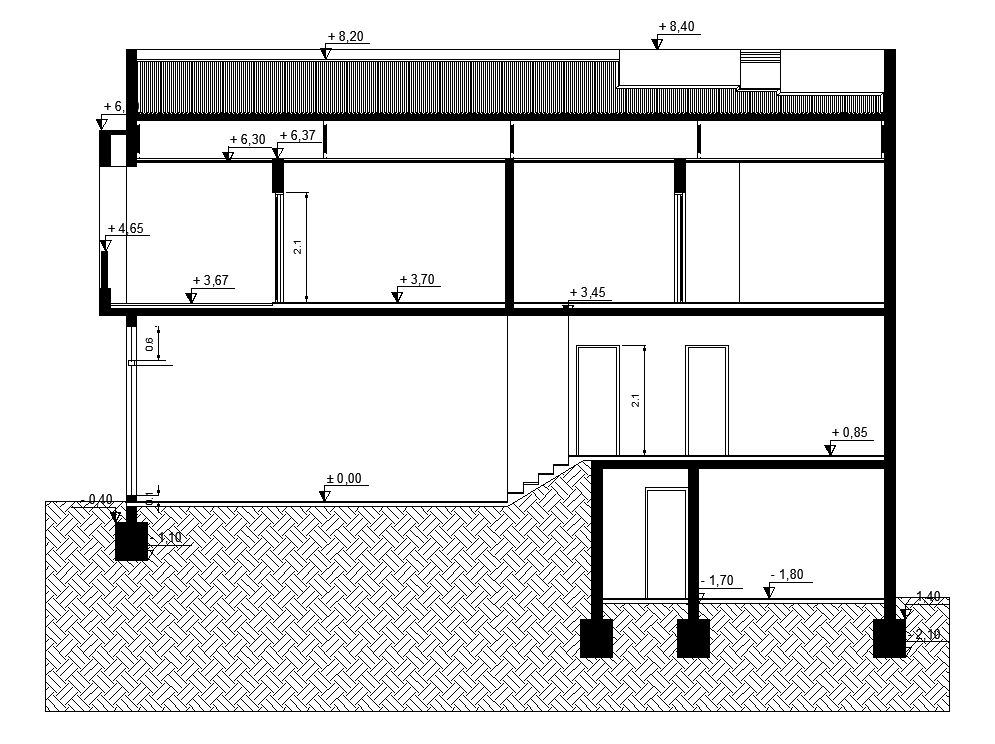 Back Side Section View Of 14x14m Duplex House Building Is Given In This Autocad Drawing Model