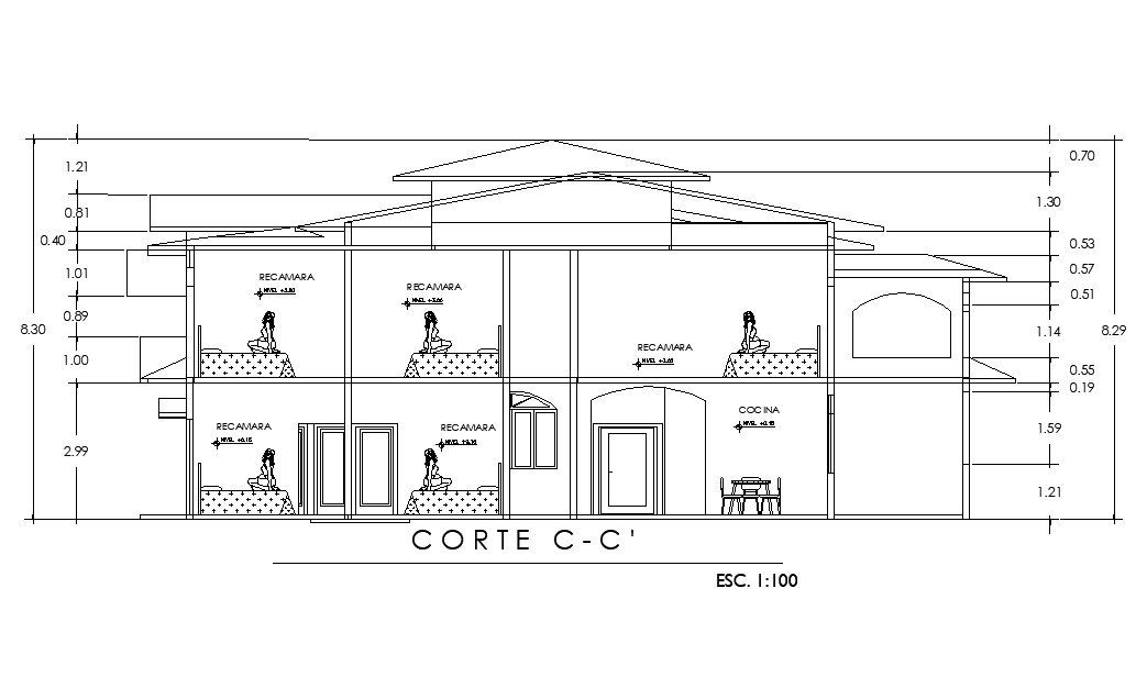 Back side section view of 17x13m house building is given in this ...