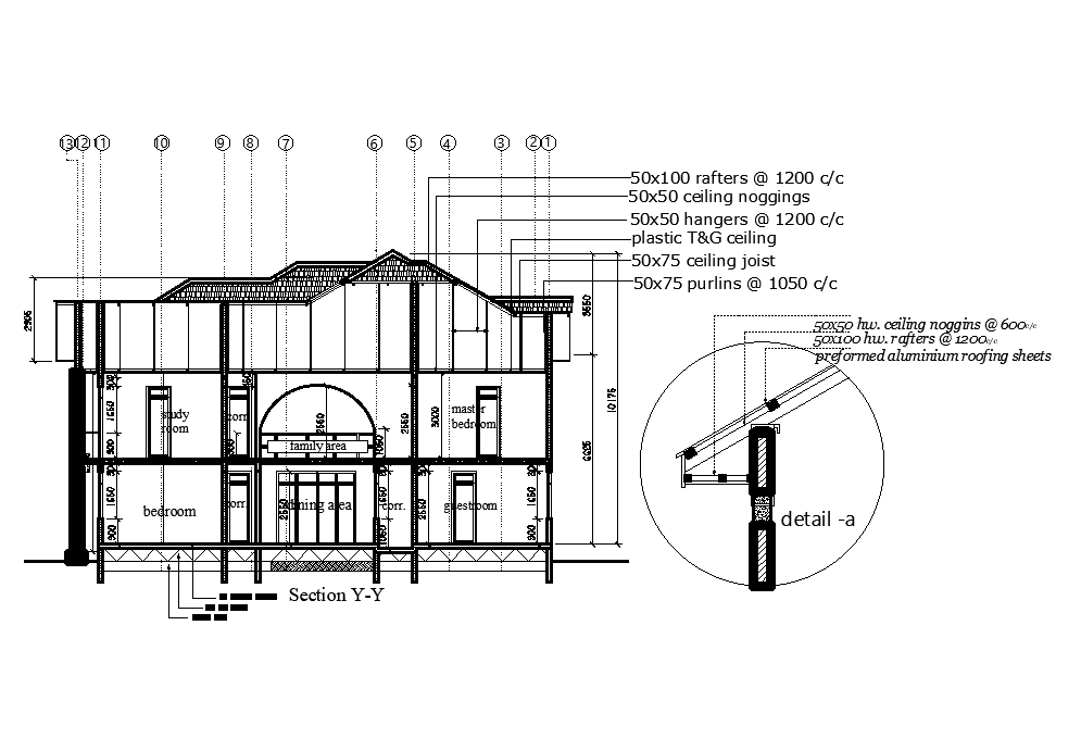 Back Side Section View Of 17x17m Ground Floor House Plan Is Given In This Autocad Drawing File