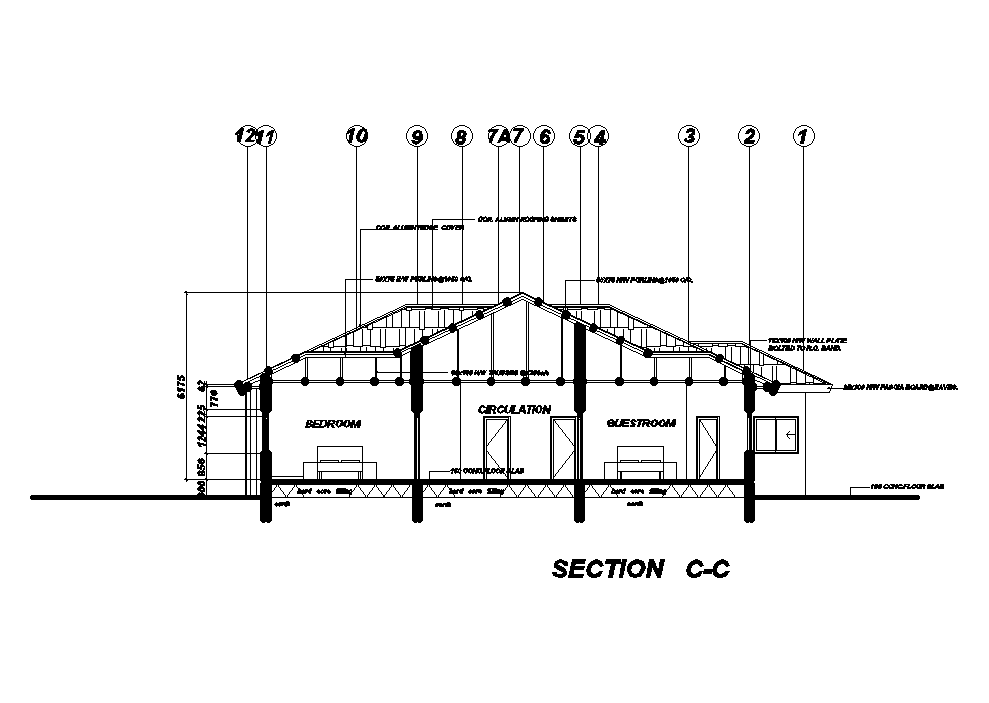 Back side section view of 20x19m house plan is given in this Autocad ...