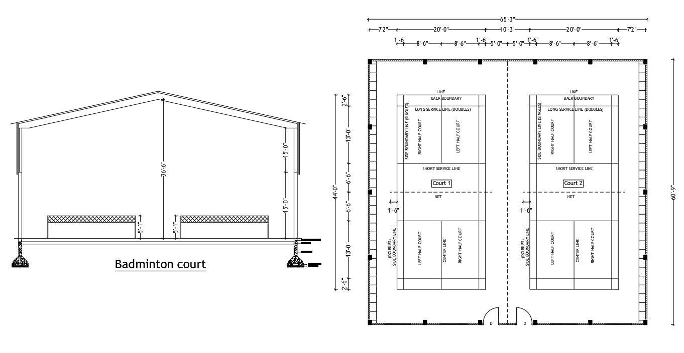 Badminton court Plan and Elevation With DWG File Cadbull