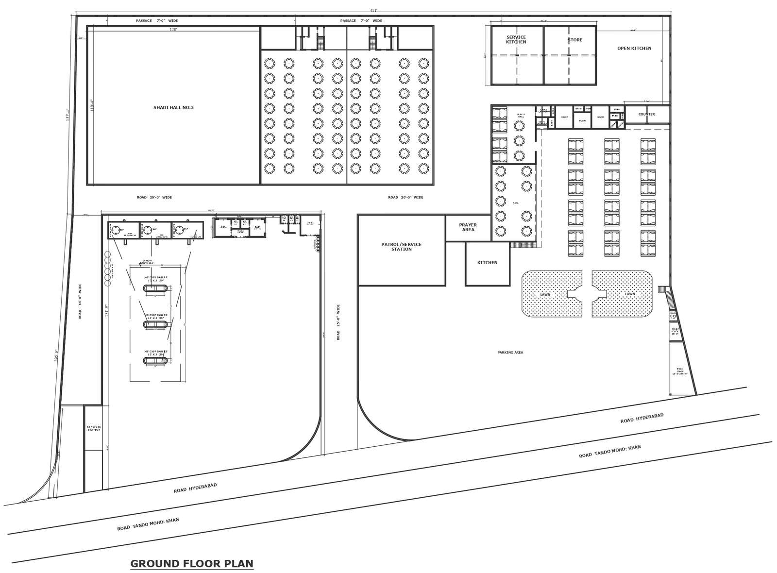 Banquet hall design with all amenities detailed plan DWG autoCAD ...