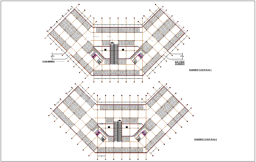 Basement floor plan of administration building with first and second