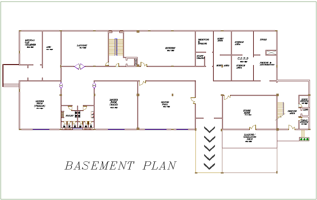 Basement floor plan of hospital with architectural view