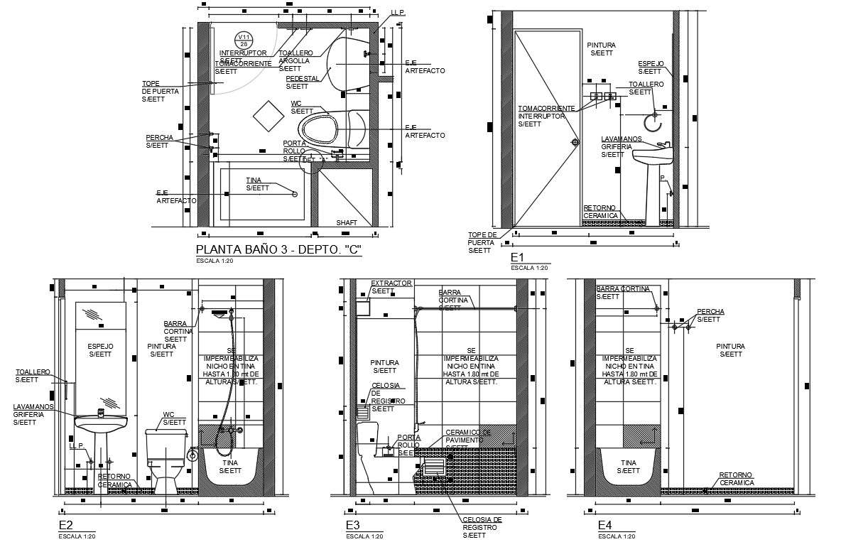 Bathroom Of Bungalow Elevation Section And Plan Drawing Details Dwg