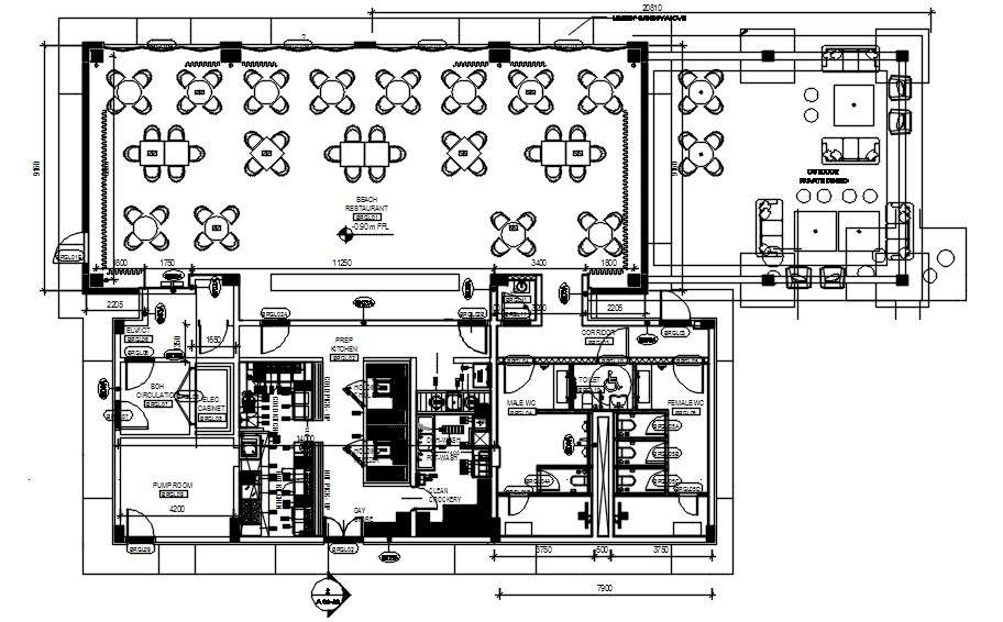 Beach grill Restaurant furniture floor plan design is given in this