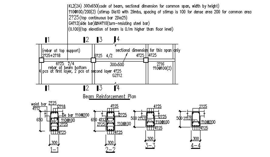 Beam Reinforcement Plan In Detail Autocad 2d Drawing, Dwg File, Cad 