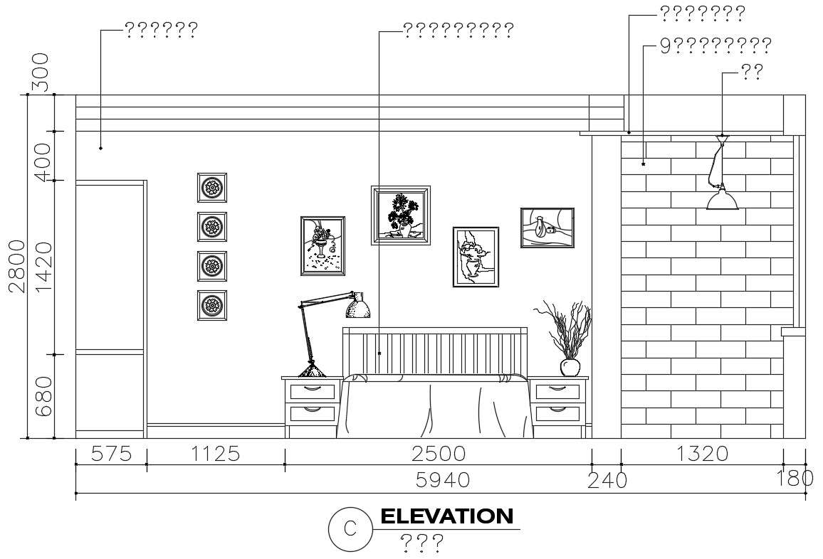 Bedroom elevation with furniture layout cad drawing details dwg file