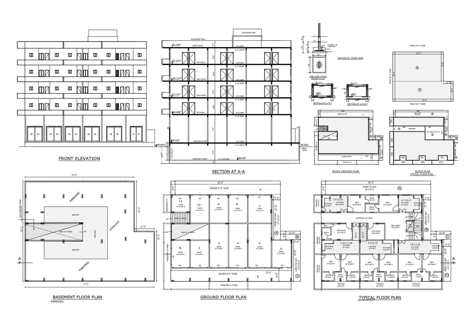 Block ground plan and block plan for typical floor plan with elevation ...