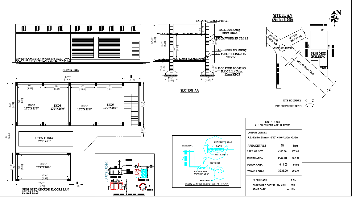 Blueprint plan of 50'X 40' Commercial shop building floor plan is given