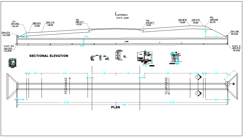 Box culvert full close structure plan view detail, section of structure