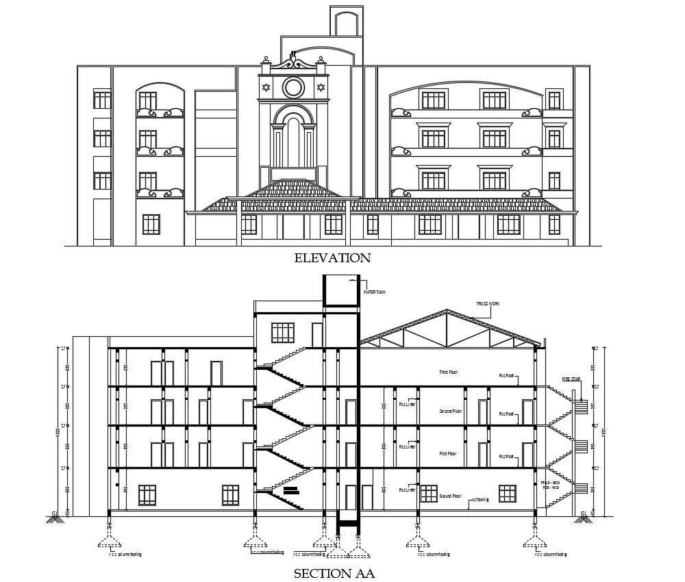 Building Elevation And Section Drawing Cadbull