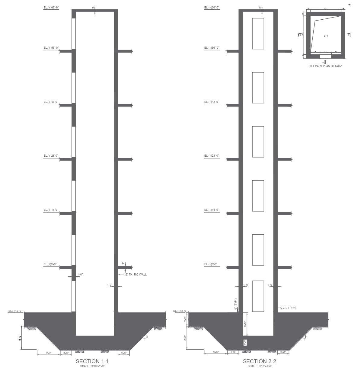 Building section detail on scale 1:0 with height and lift plan with all ...