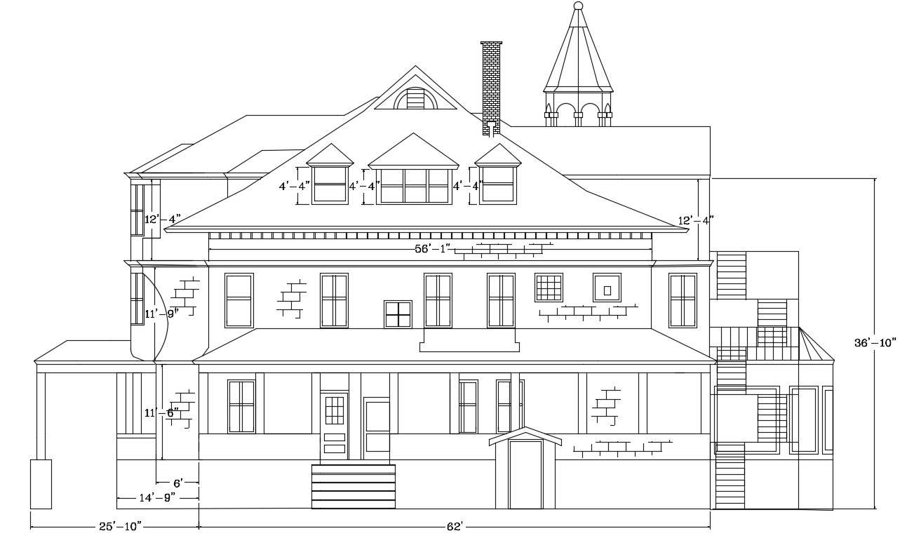 Bungalow Front Elevation Design With Dimension DWG File - Cadbull