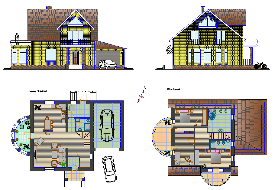 Bungalow elevation and top view layout plan Cadbull