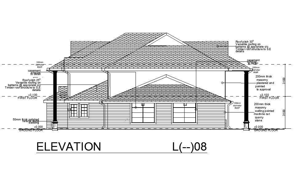 Bungalow Front Sectional Detail Separated In This Cad Drawing File