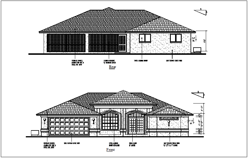 Bungalows rear and front view dwg file - Cadbull