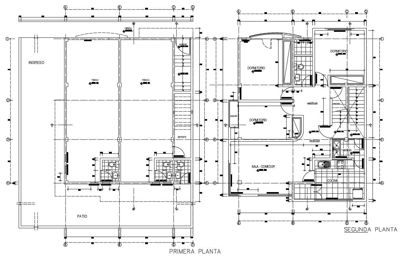 CAD architectural plan of two story residential building dwg file - Cadbull