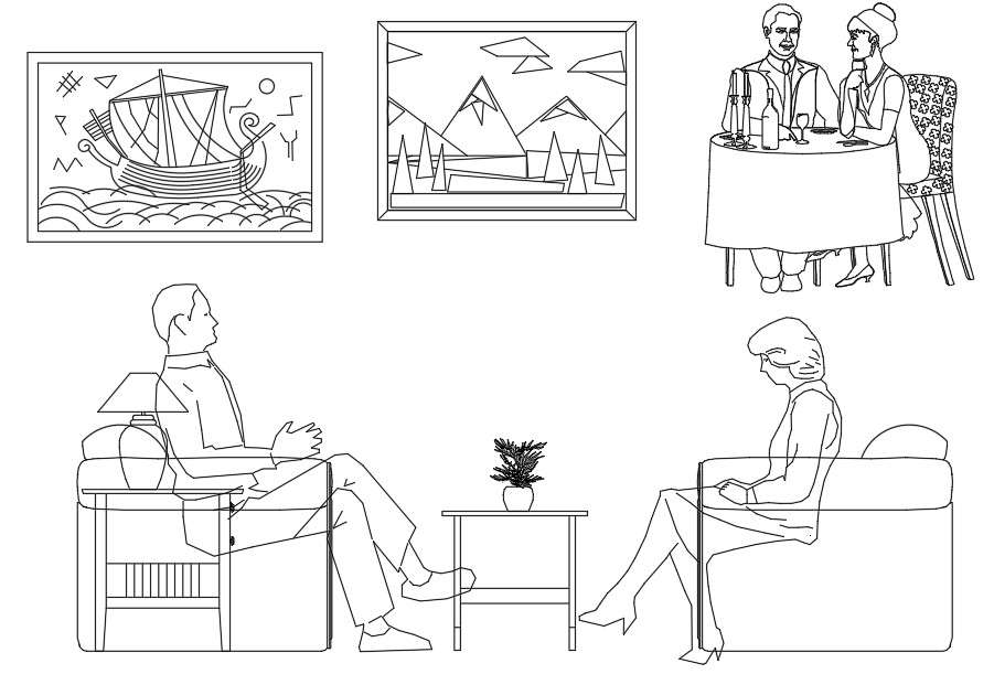 CAD drawing file contains various types of creative art frame-block and people sitting on chair