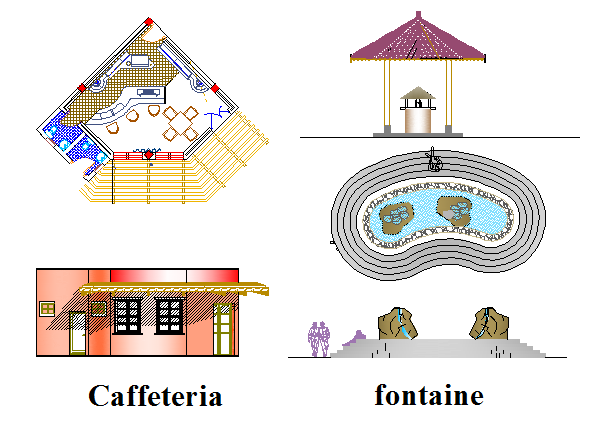 Cafeteria and fountain detailed view of private garden dwg file - Cadbull