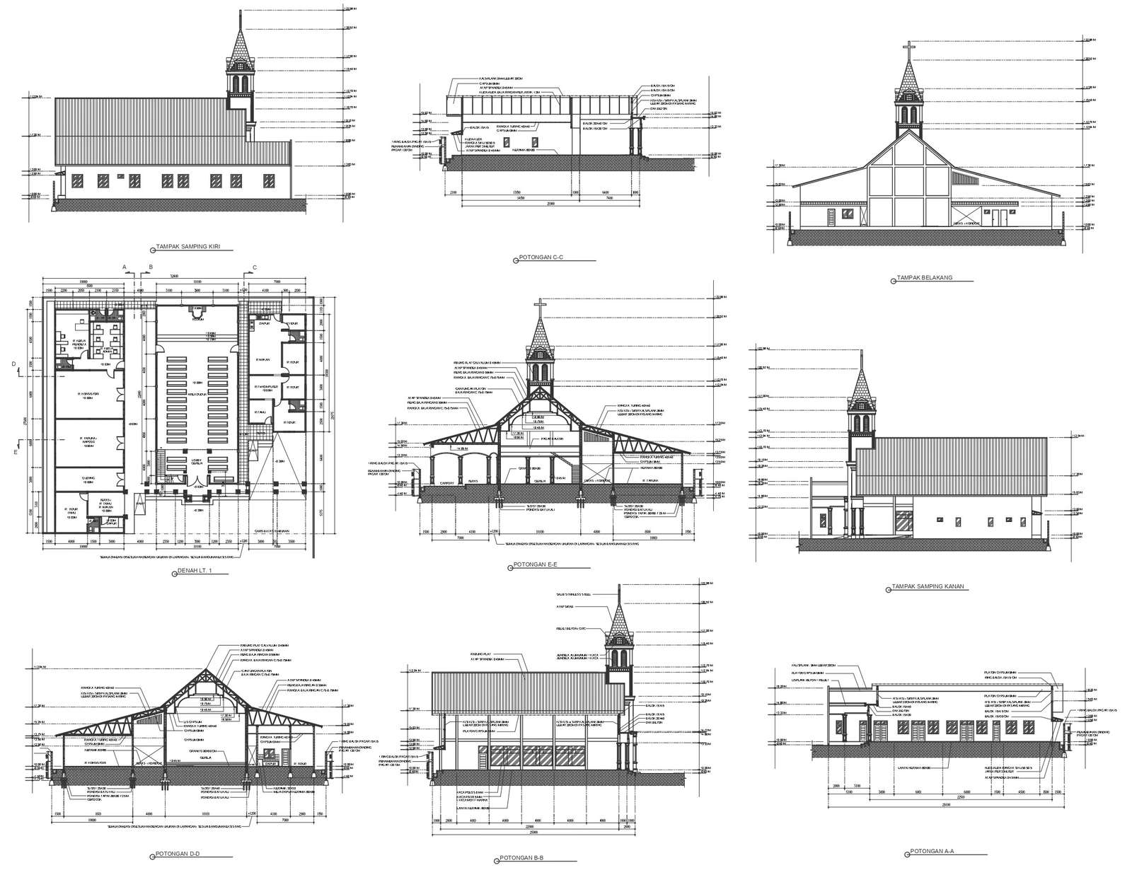 Church design with detailed plan sections and elevation DWG autoCAD ...