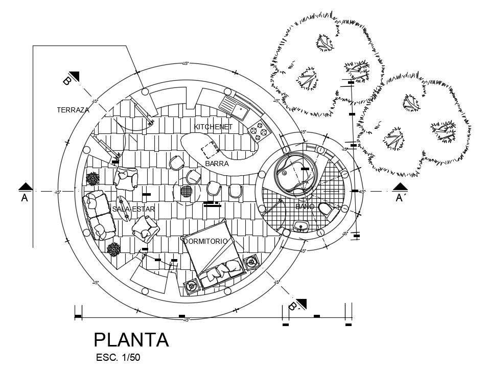 Circular guest house plan is given in this AutoCAD drawing model ...