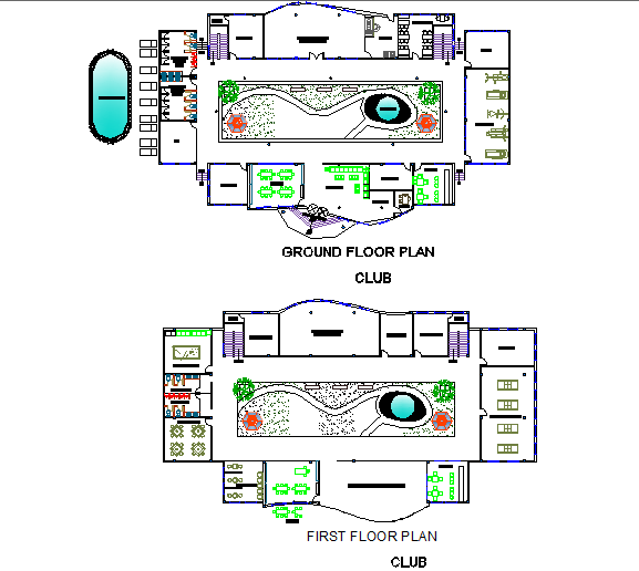 Club ground floor and first-floor detail dwg file - Cadbull