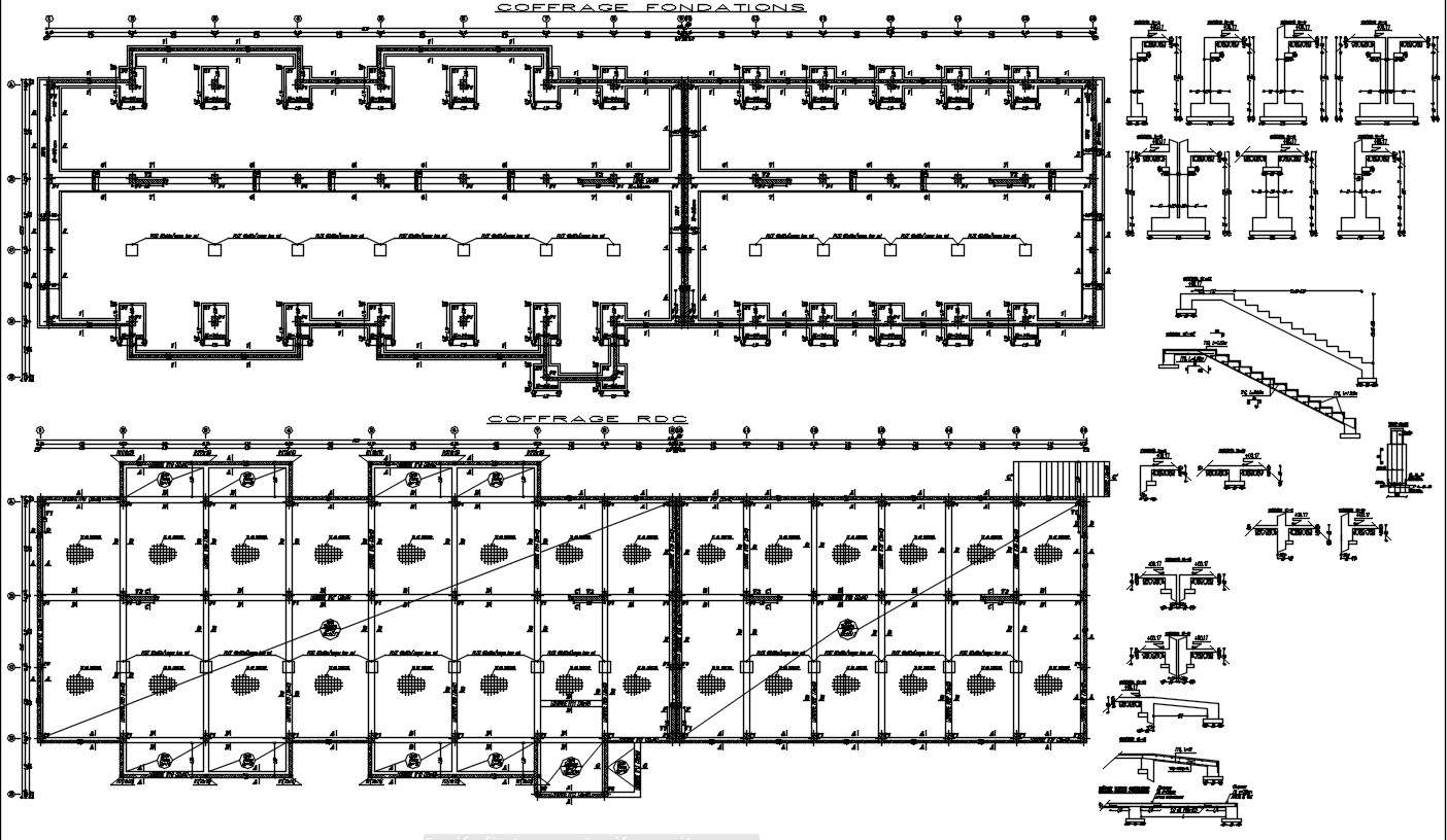 Coffrage Foundation And Raft Foundation Layout Plan With Reinforcement Details In Autocad 2d