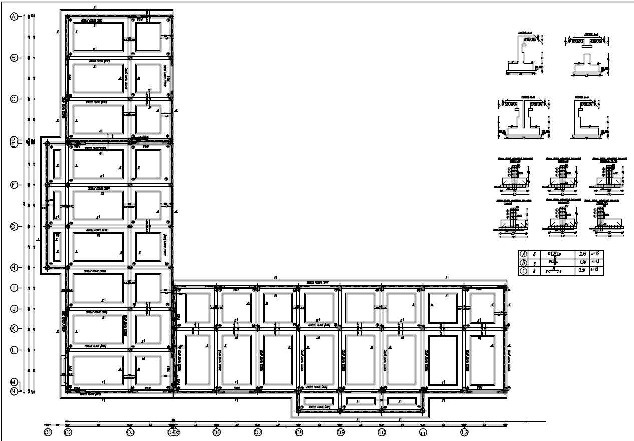 Coffrage Foundation Layout Plan And Footing Reinforcement Details In Autocad 2d Drawing Cad