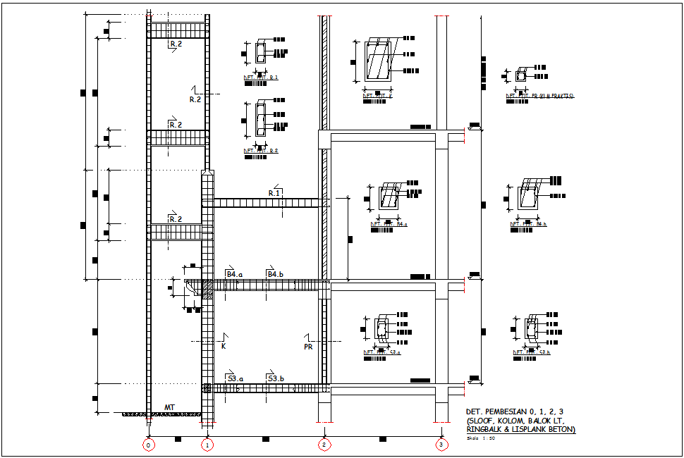 Column and beam design with structure view of 0,1,2 and 3 number view ...