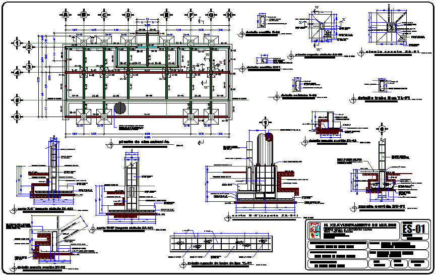 Column detail with its section view and cimentacion plan of stadium ...