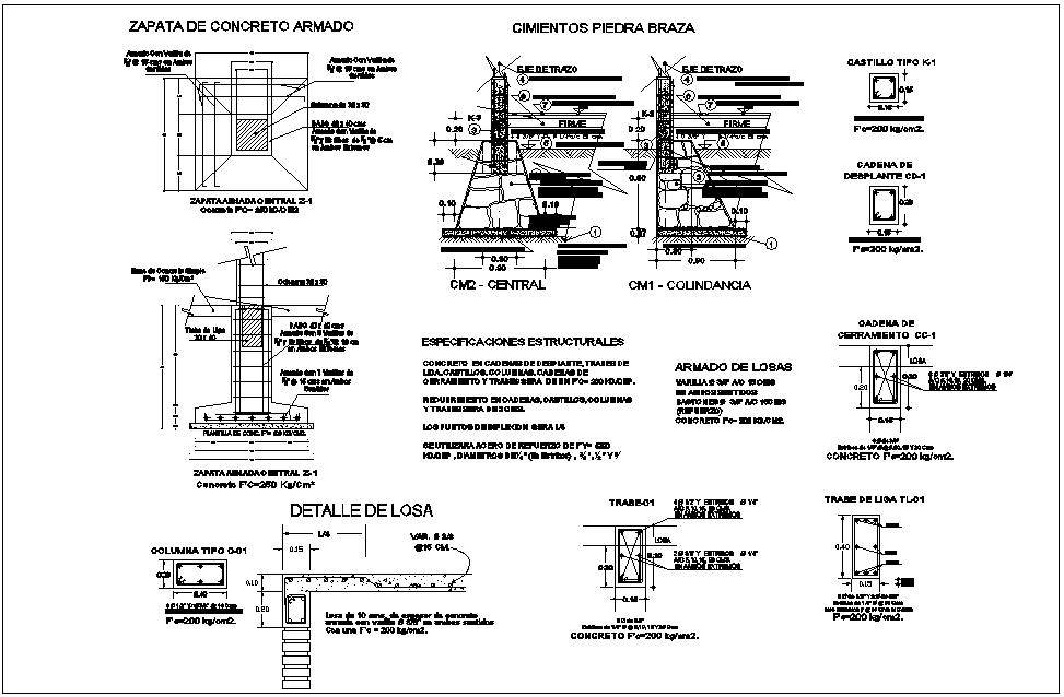 Column plan and section view with structure view of residence area dwg ...