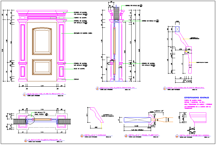 Column section view with door design - Cadbull