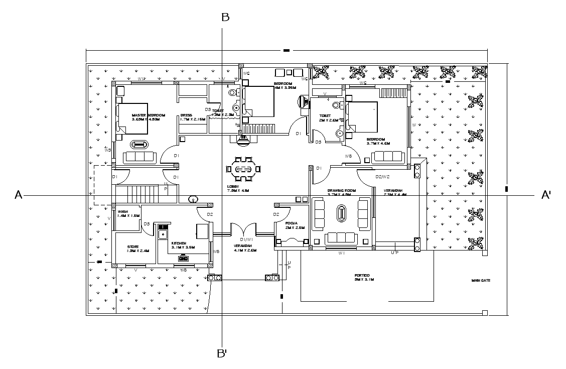 Column Layout Of 12x8m Ground Floor Villa Plan Is Given In This Autocad Drawing Model Download