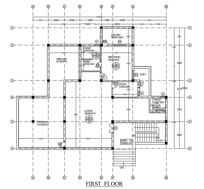 Column Layout Of 17x16m First Floor House Plan Is Given In This Autocad Drawing Model Download